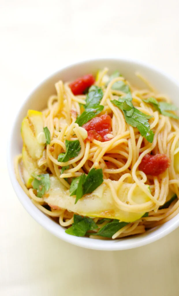 Red Lentil Spaghetti With Grilled Patty Pan Squash - Spaghetti Recipes (Photo Credit: Strength and Sunshine)