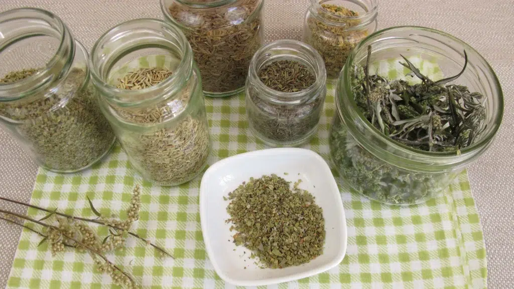 Dried herbs in jars