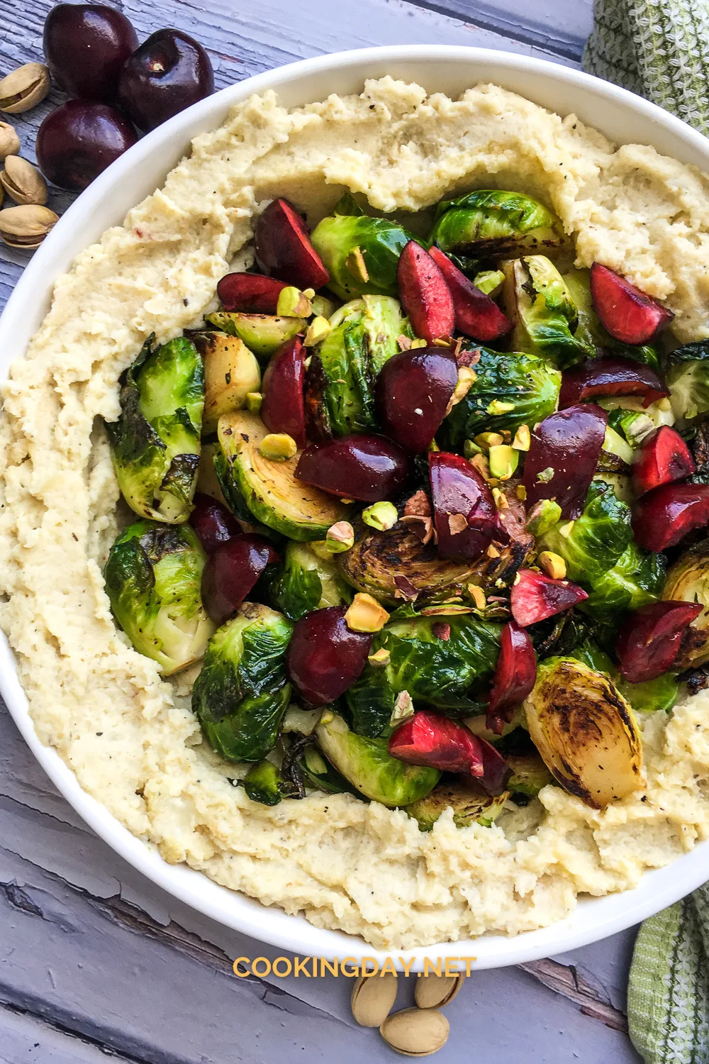 Roasted Cauliflower and Apple Mash with Crispy Brussels Sprouts