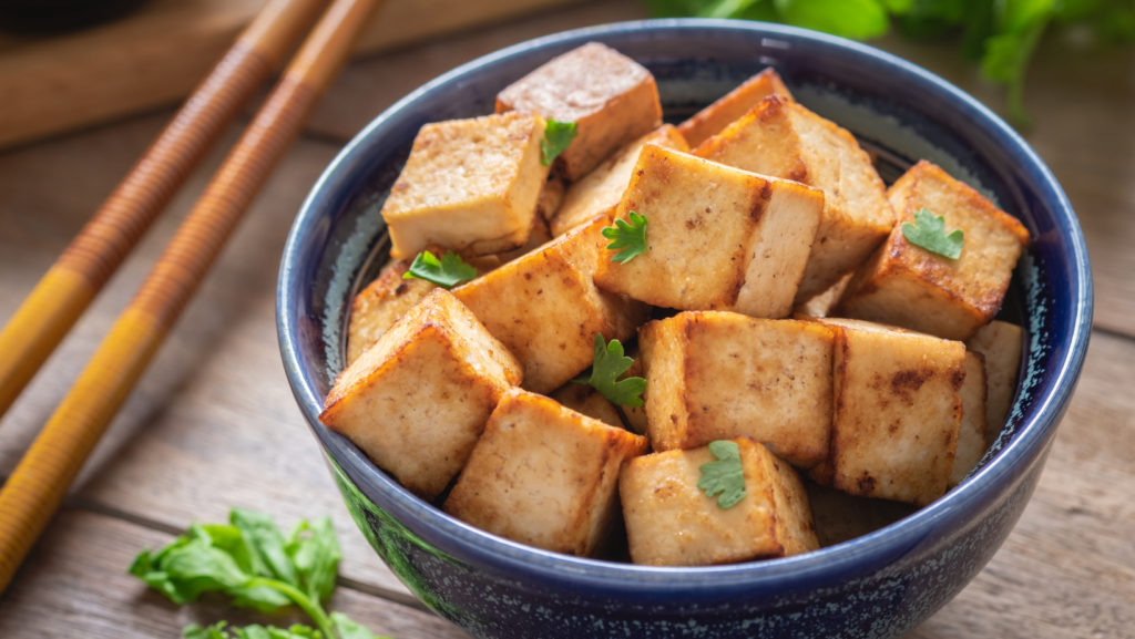 Fried tofu in bowl, Vegetarian food