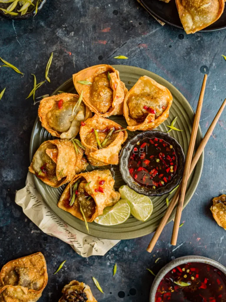 Fried Vegan Mushroom Wontons with Sweet Chili Sauce - Asian Side Dishes Perfect for Your Holiday Feast Celebrations 