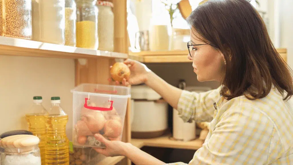 Woman Taking Onions from the Kitchen Pantry