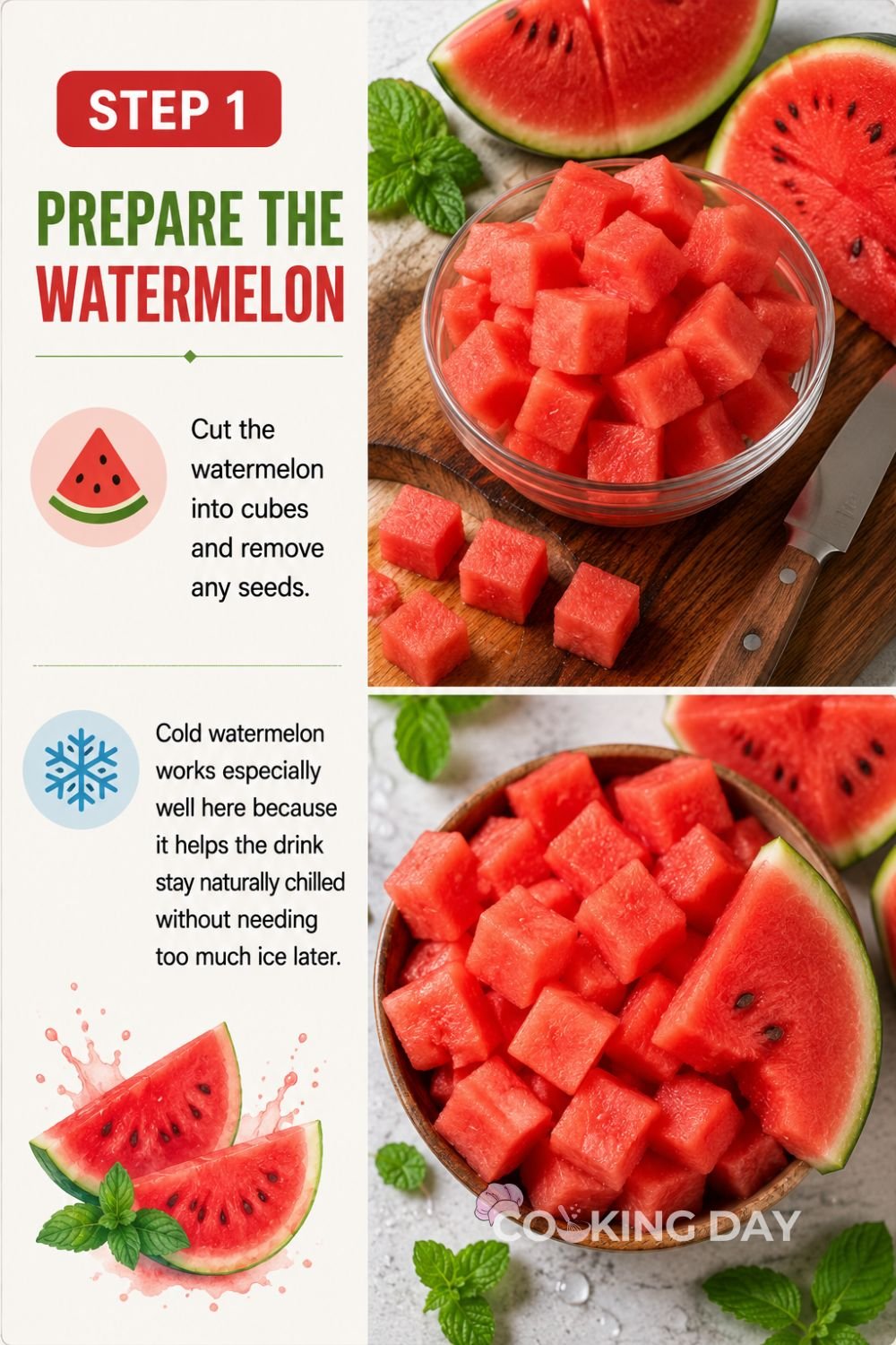 Fresh watermelon cubes on a cutting board with seeds removed, ready for blending into watermelon sharbat.