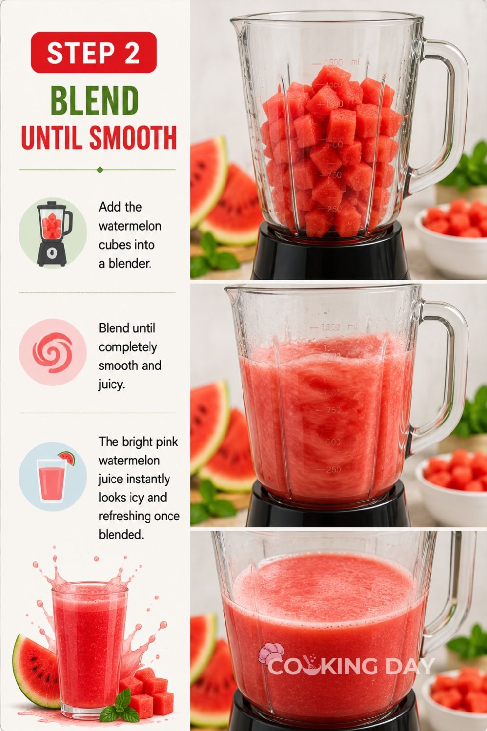 Bright pink watermelon cubes blending into smooth juice inside a blender jar.
