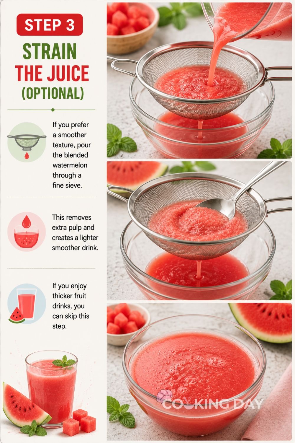 Fresh blended watermelon juice being poured through a fine mesh sieve into a bowl.