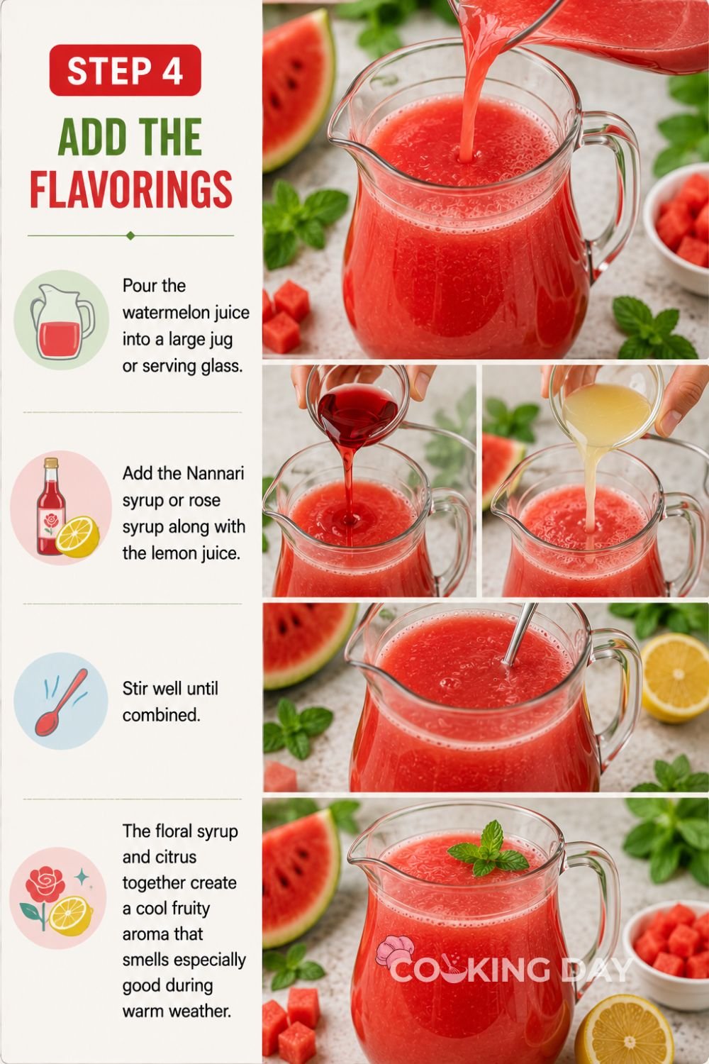 Watermelon juice in a jug with rose syrup and lemon juice being stirred together.
