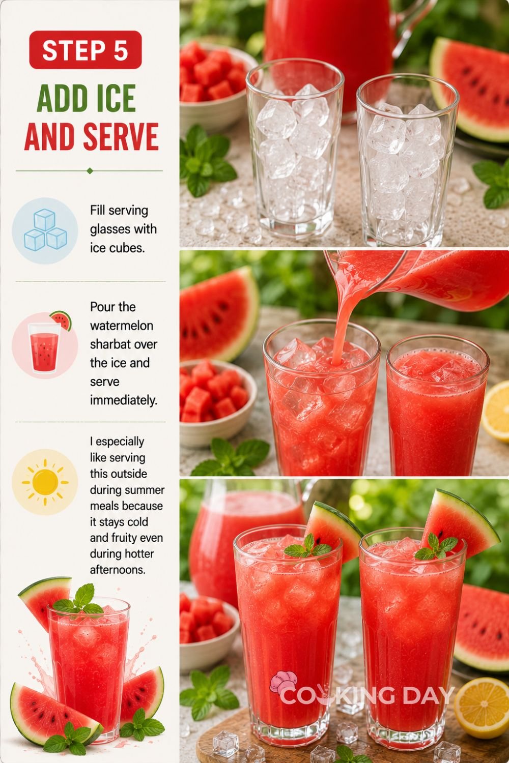 Glasses of watermelon sharbat filled with ice cubes and served chilled on a table.