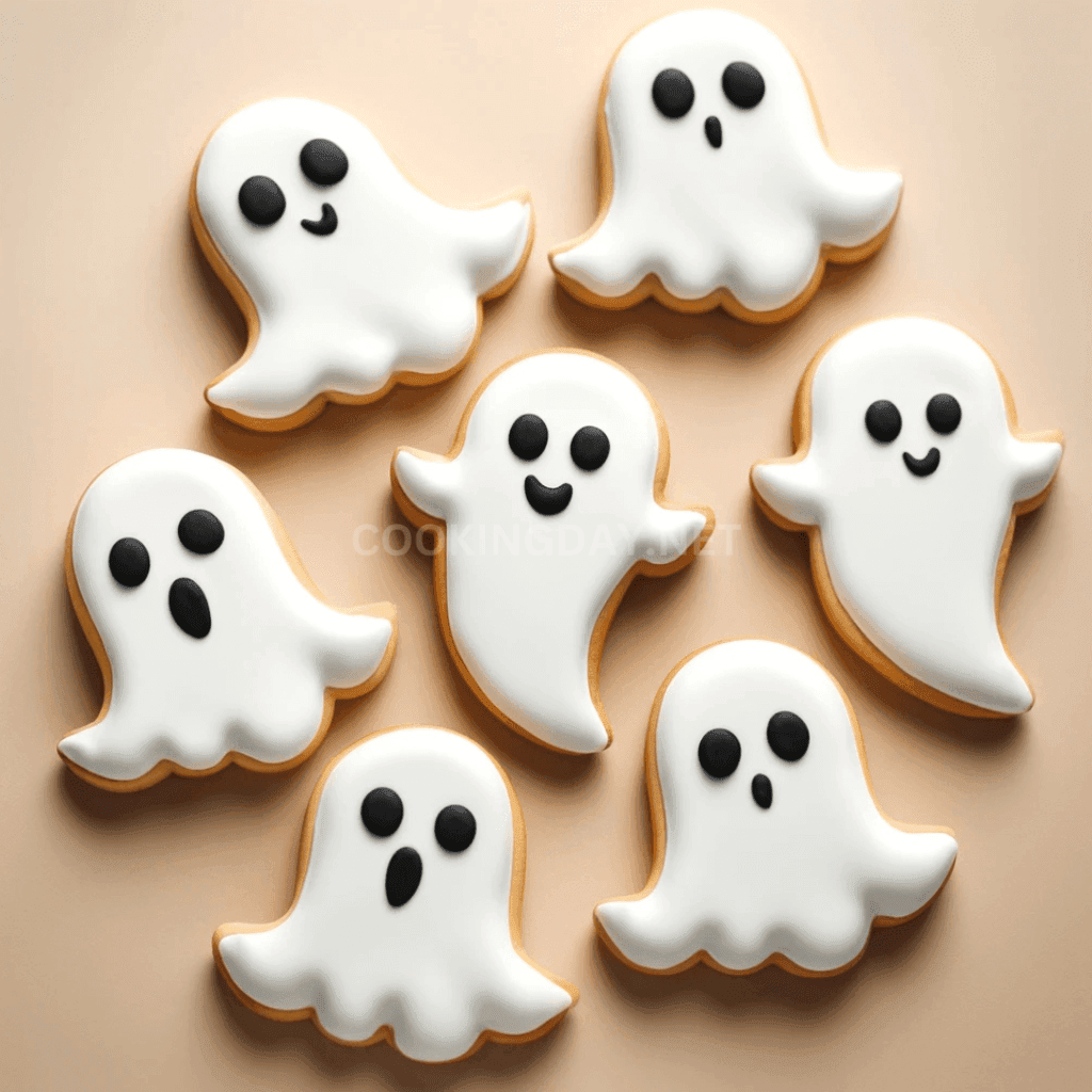 Halloween cookies shaped like pumpkins with laughing faces, decorated with orange icing and green vine details.