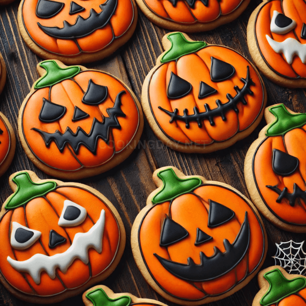 Halloween cookies shaped like Jack-o'-Lanterns with orange icing and various spooky facial expressions in black and white icing.