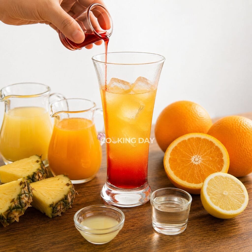 Step 3: Add the Grenadine - Sunrise Mocktail with Pineapple and Orange