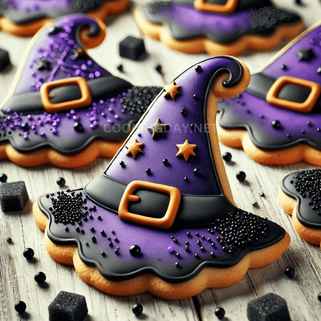 Halloween cookies shaped like witch hats, decorated with purple icing, black sugar sprinkles, and orange buckles.