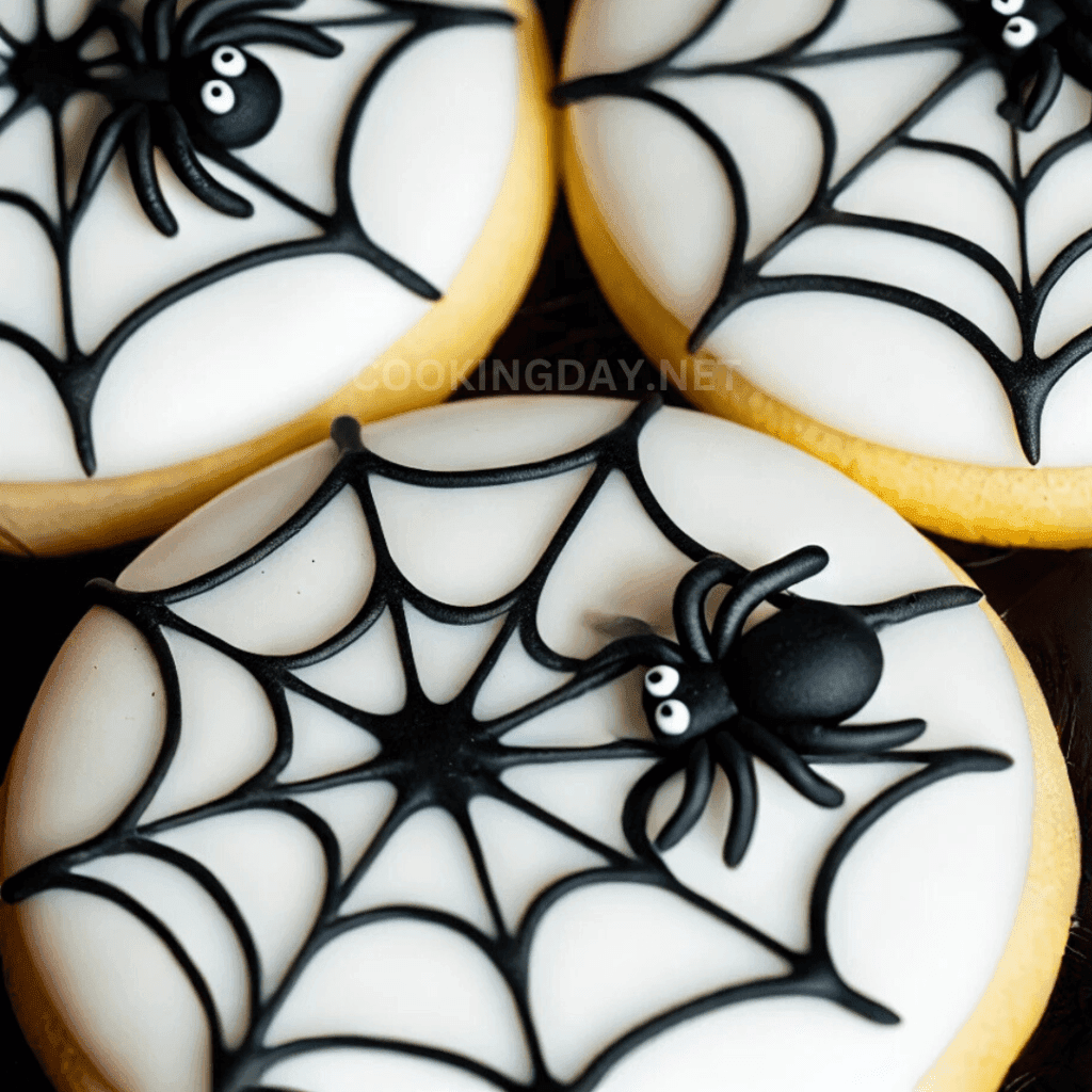 Halloween Cookie Design - Close-up of three Halloween cookies decorated with black spider web designs and edible spiders on white icing