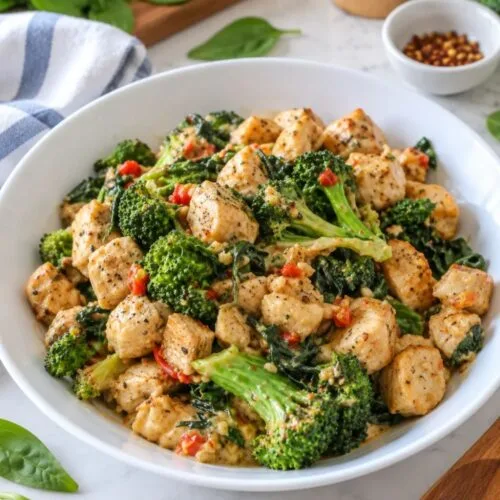 15-Minute Keto Garlic Chicken with Broccoli and Spinach recipe