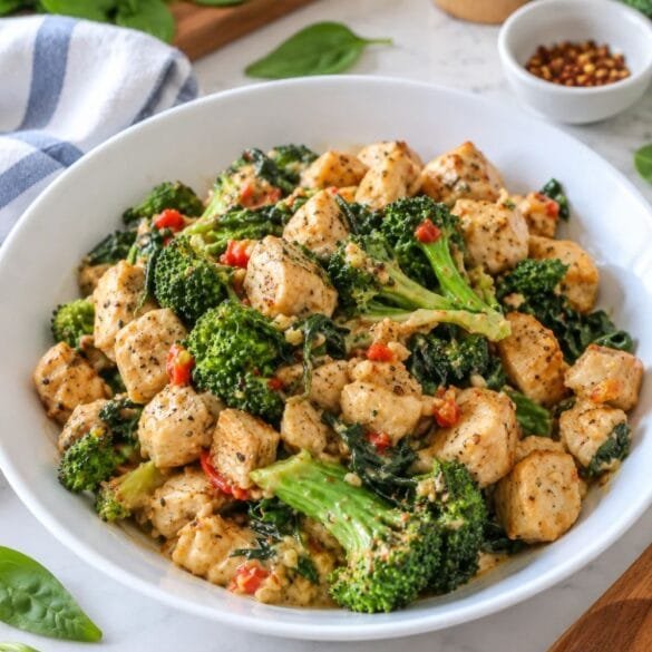 15-Minute Keto Garlic Chicken with Broccoli and Spinach recipe