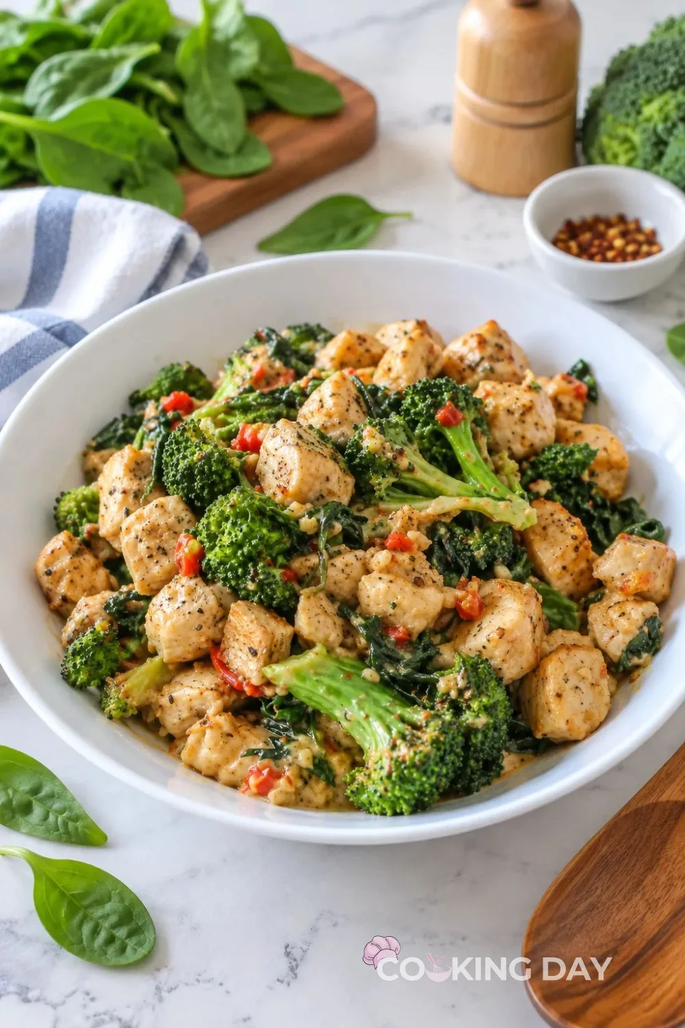 15-Minute Keto Garlic Chicken with Broccoli and Spinach recipe