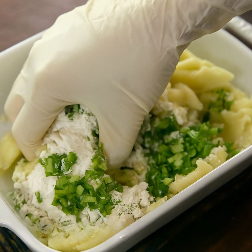 Stir in green onions and cornstarch-Garlic Potato Rings