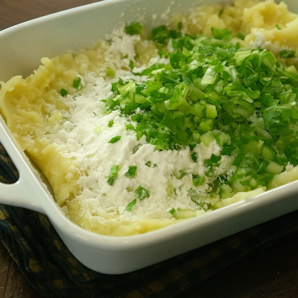 Stir in green onions and cornstarch-Garlic Potato Rings