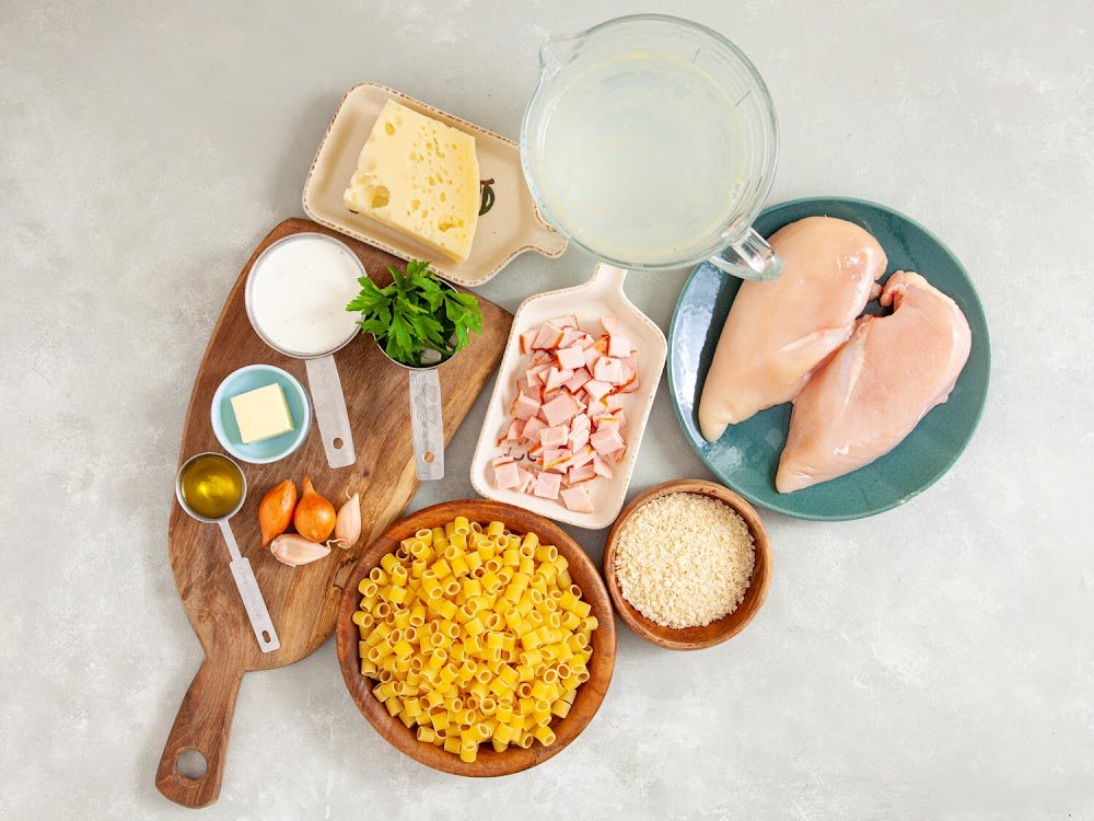 Ingredients -Chicken Cordon Bleu Pasta Bake – Creamy, Cheesy, and Comforting
