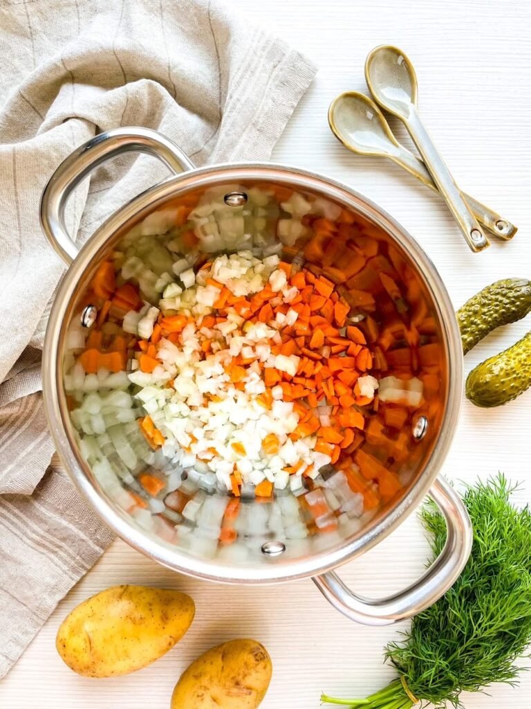  Sauté the Aromatics  -Traditional Polish Dill Pickle Potato Soup A Tangy, Comforting Classic
