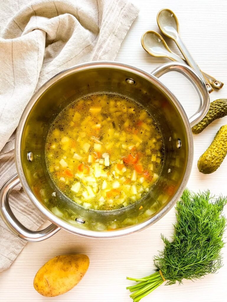 Build the Broth -Traditional Polish Dill Pickle Potato Soup A Tangy, Comforting Classic