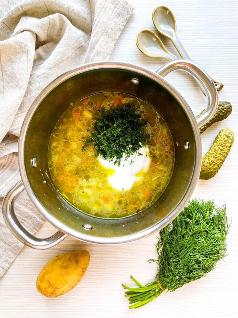 Finish with Cream & Herbs -Traditional Polish Dill Pickle & Potato Soup: A Tangy, Comforting Classic