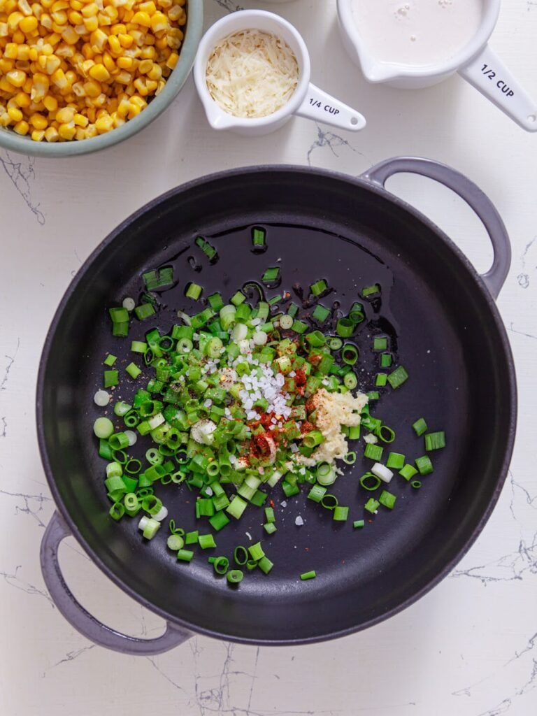 Sauté Aromatics- Creamy Shrimp & Corn Rotini – Quick, Easy & Satisfying!