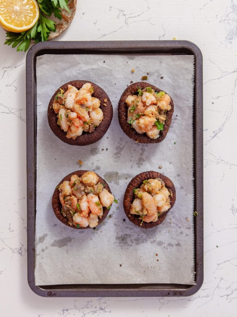 Stuff and finish baking -Shrimp-Filled Portobello Mushroom Caps-Perfect for Any Occasion!