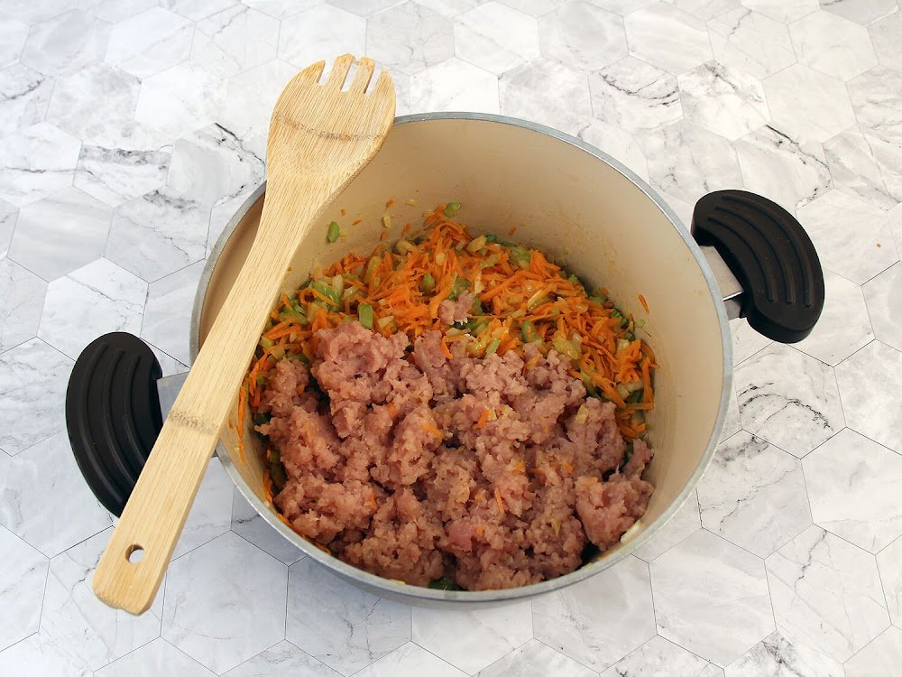 Sauté the Vegetables and brown the turkey  -Lemony Ground Turkey White Bean Soup Recipe