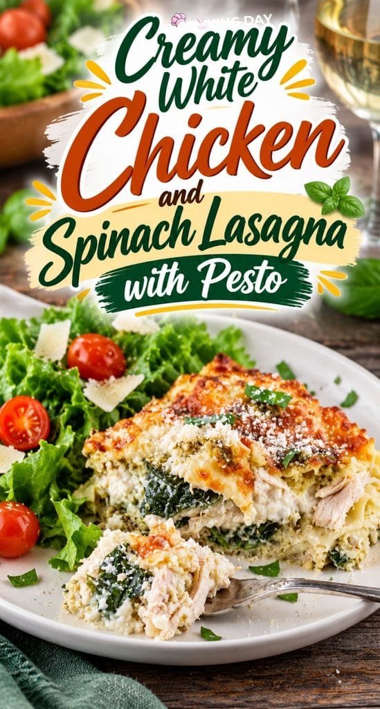 Creamy White Chicken and Spinach Lasagna with Pesto