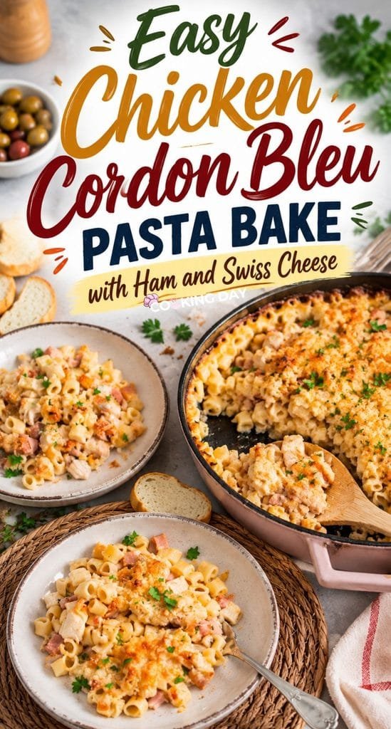 Easy Chicken Cordon Bleu Pasta Bake with Ham and Swiss Cheese