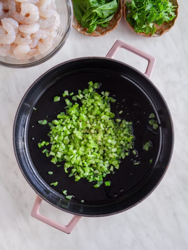 Sauté the Vegetables - Bloody Mary Style Poached Shrimp