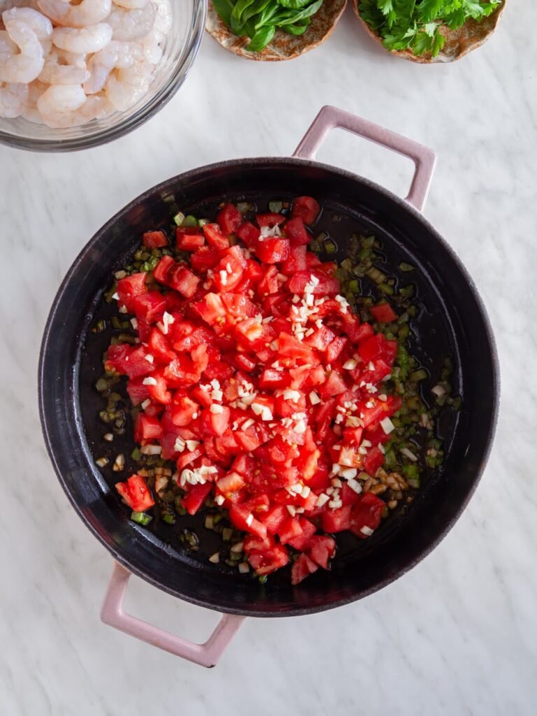 Add Aromatics - Bloody Mary Style Poached Shrimp