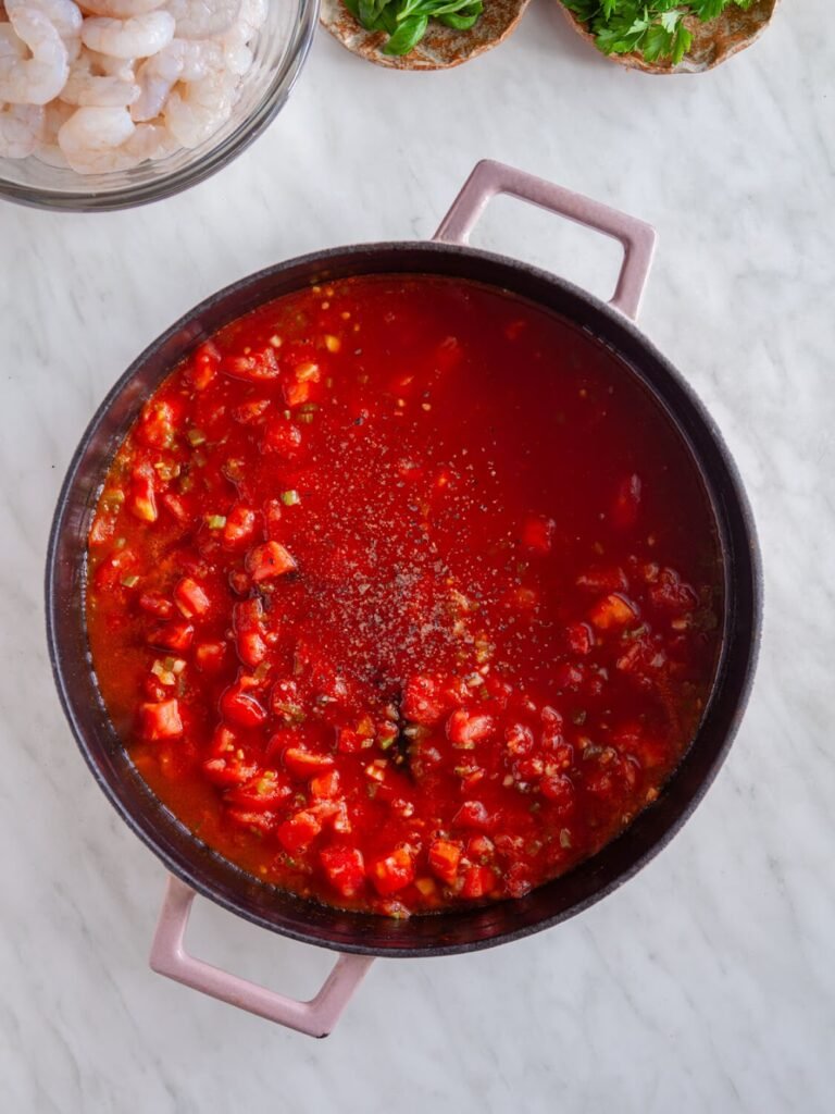 Build the Broth - Bloody Mary Style Poached Shrimp