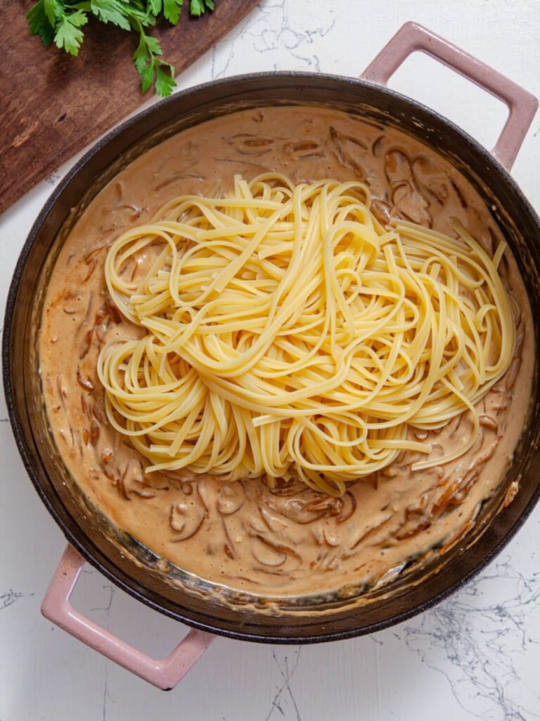 Combine Pasta & Sauce - -Caramelized Onion Chicken Linguine