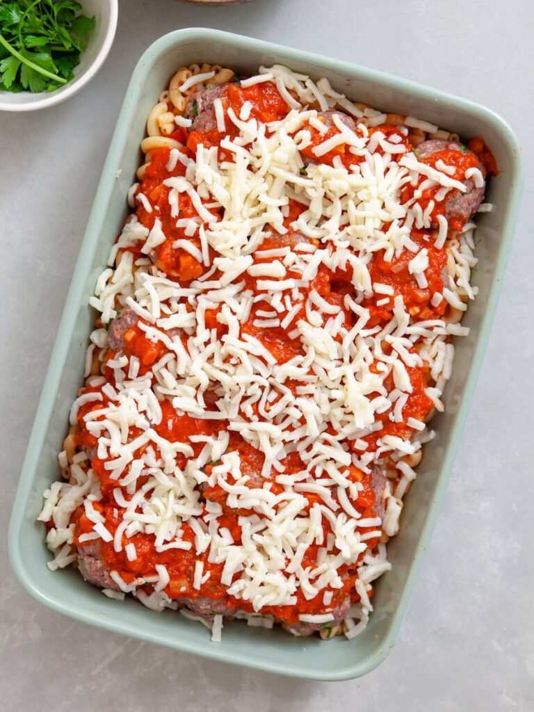 Assemble the Casserole - Cheesy Meatball Casserole Recipe