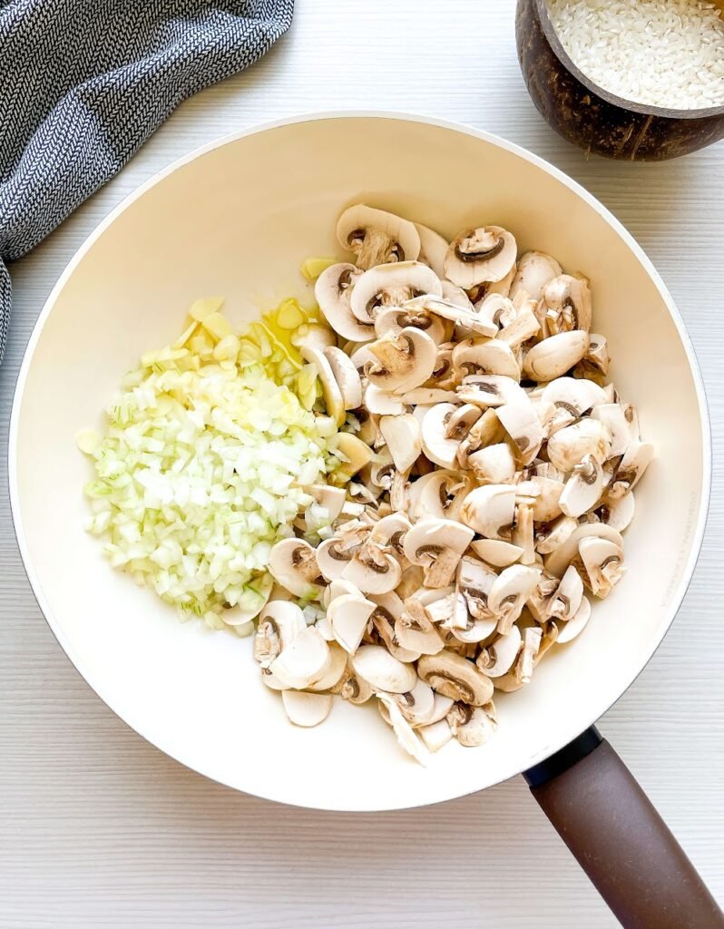 Sauté Aromatics & Mushrooms -Heavenly Creamy One Pot Mushroom and Herb Rice A Side Dish You’ll Fall in Love With