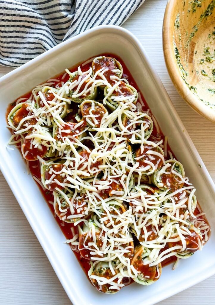 Top with Sauce & Cheese-Cheesy Spinach Ricotta Lasagna Roll Ups Recipe