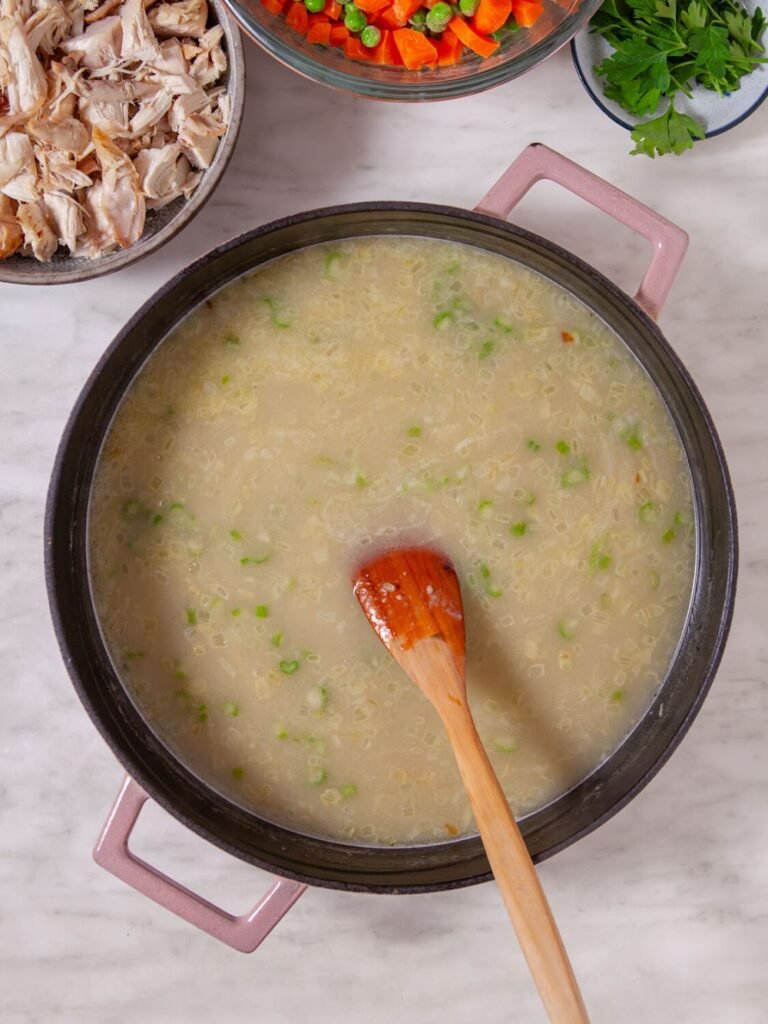 Build the Soup Base and Add the Broth -Homemade Chicken and Dumplings