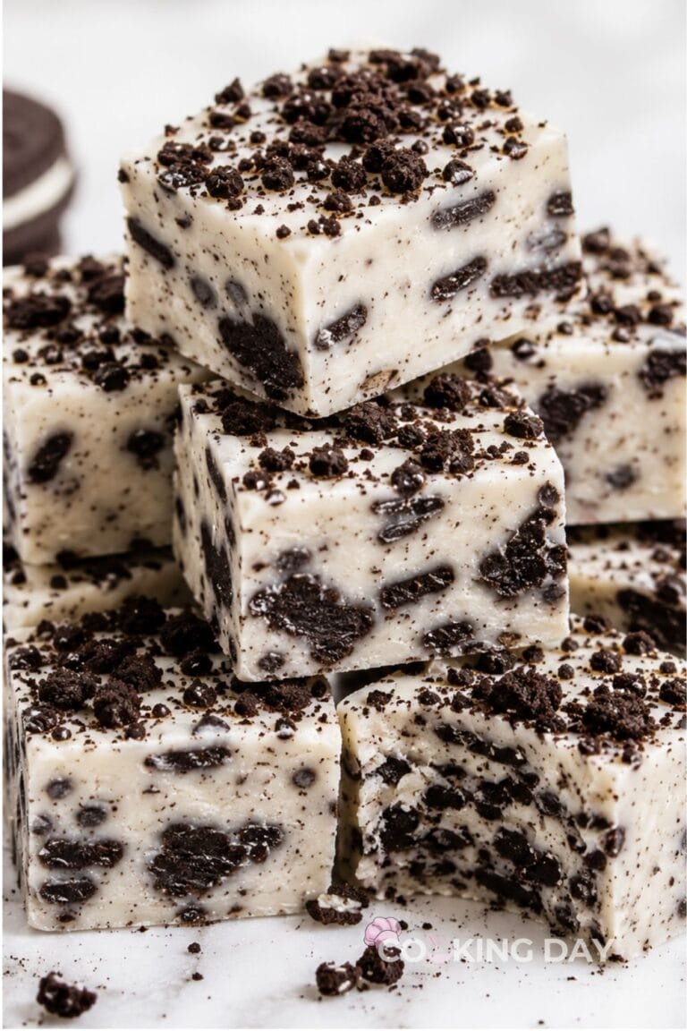 Creamy cookies and cream fudge with chocolate sandwich cookie pieces throughout