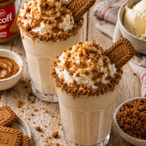Creamy Biscoff milkshake made with vanilla ice cream, cookie butter, and Lotus Biscoff cookies