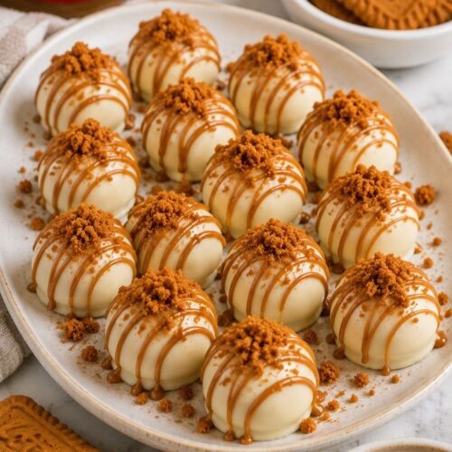 Biscoff truffles coated in white chocolate and drizzled with Lotus Biscoff cookie butter