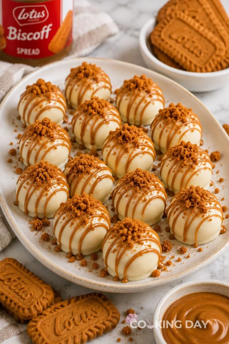 Biscoff truffles coated in white chocolate and drizzled with Lotus Biscoff cookie butter