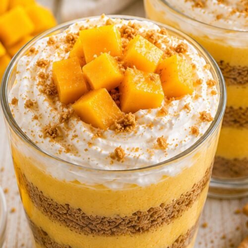 Creamy Mango Graham Shake layered with graham cracker crumbs, whipped cream, and fresh mango chunks