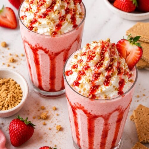 Strawberry cheesecake milkshake made with real cheesecake, vanilla ice cream, strawberry sauce, and cream cheese whipped topping