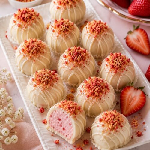 Strawberry cheesecake truffles coated in white chocolate and topped with strawberry graham cracker crumbs
