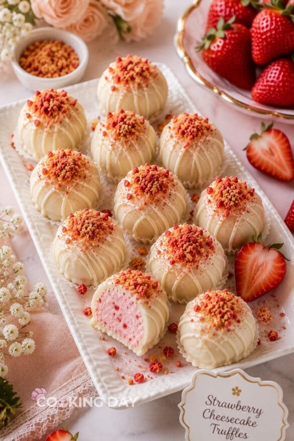Strawberry cheesecake truffles coated in white chocolate and topped with strawberry graham cracker crumbs