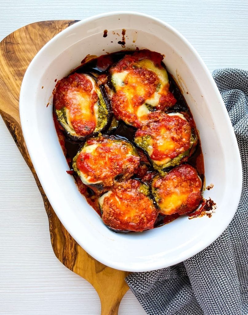 Pesto Eggplant Parmesan with Mozzarella and Basil