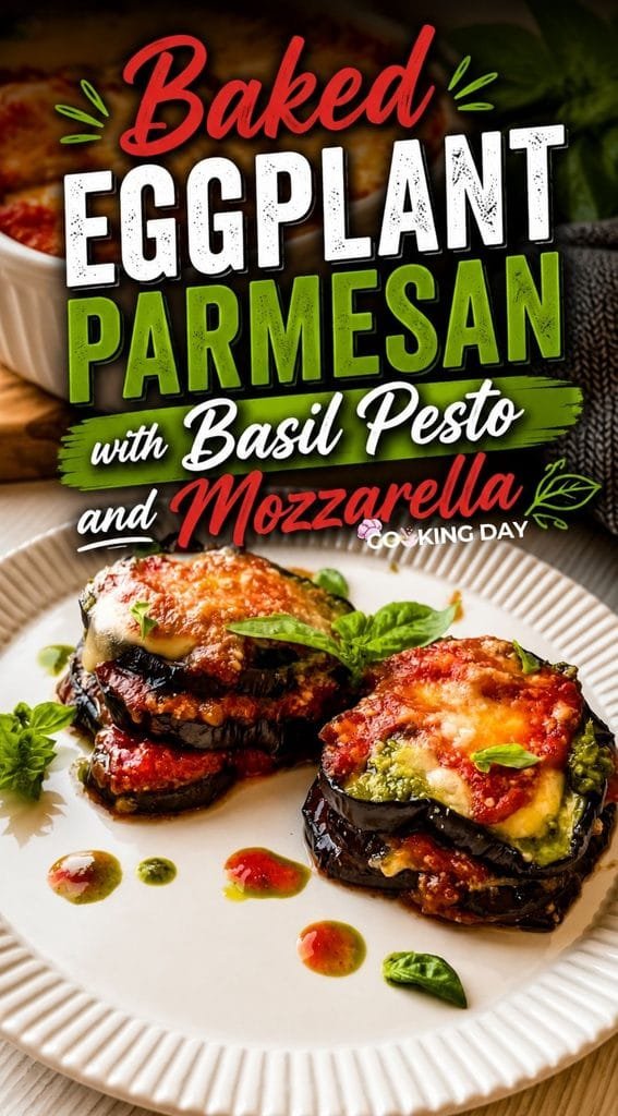 Baked Eggplant Parmesan with Basil Pesto and Mozzarella