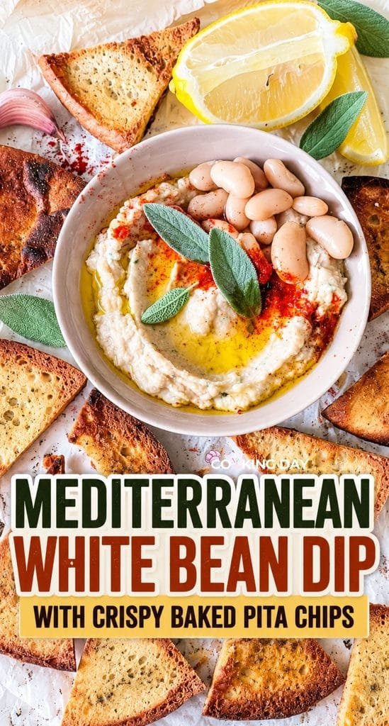 Mediterranean White Bean Dip with Crispy Baked Pita Chips